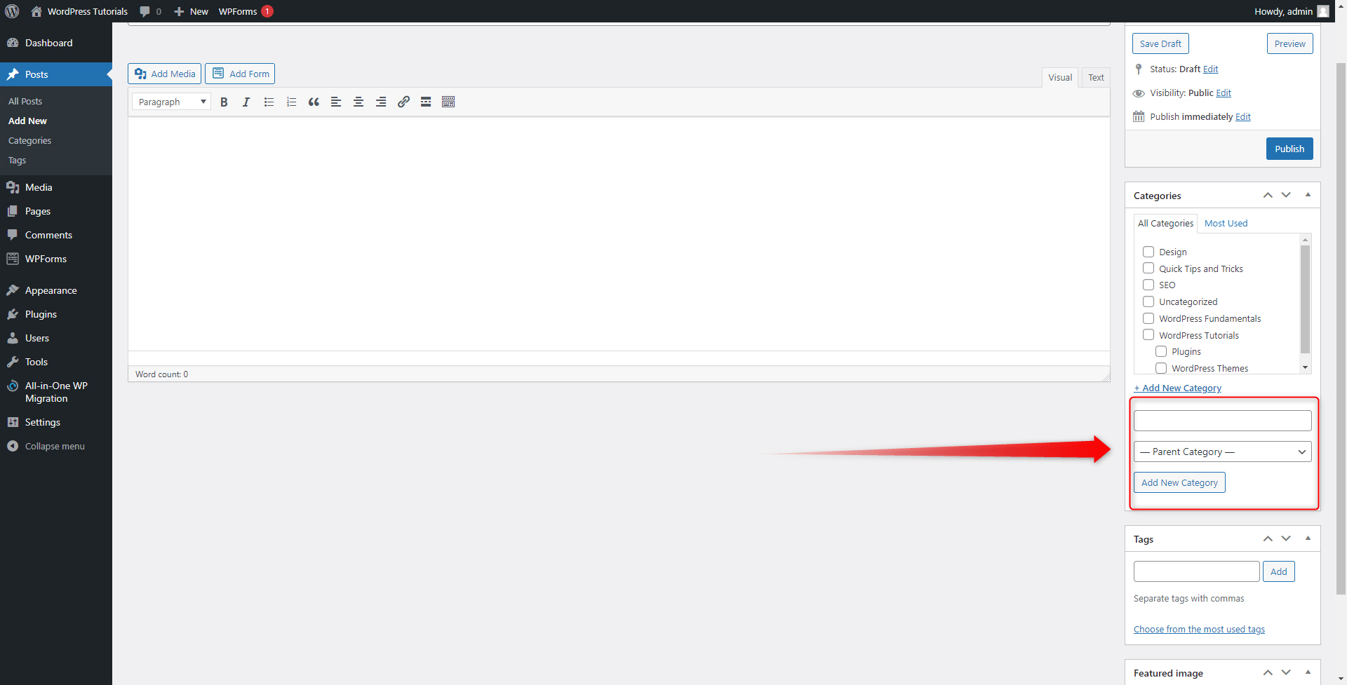 WordPress Add New Parent Category Posts