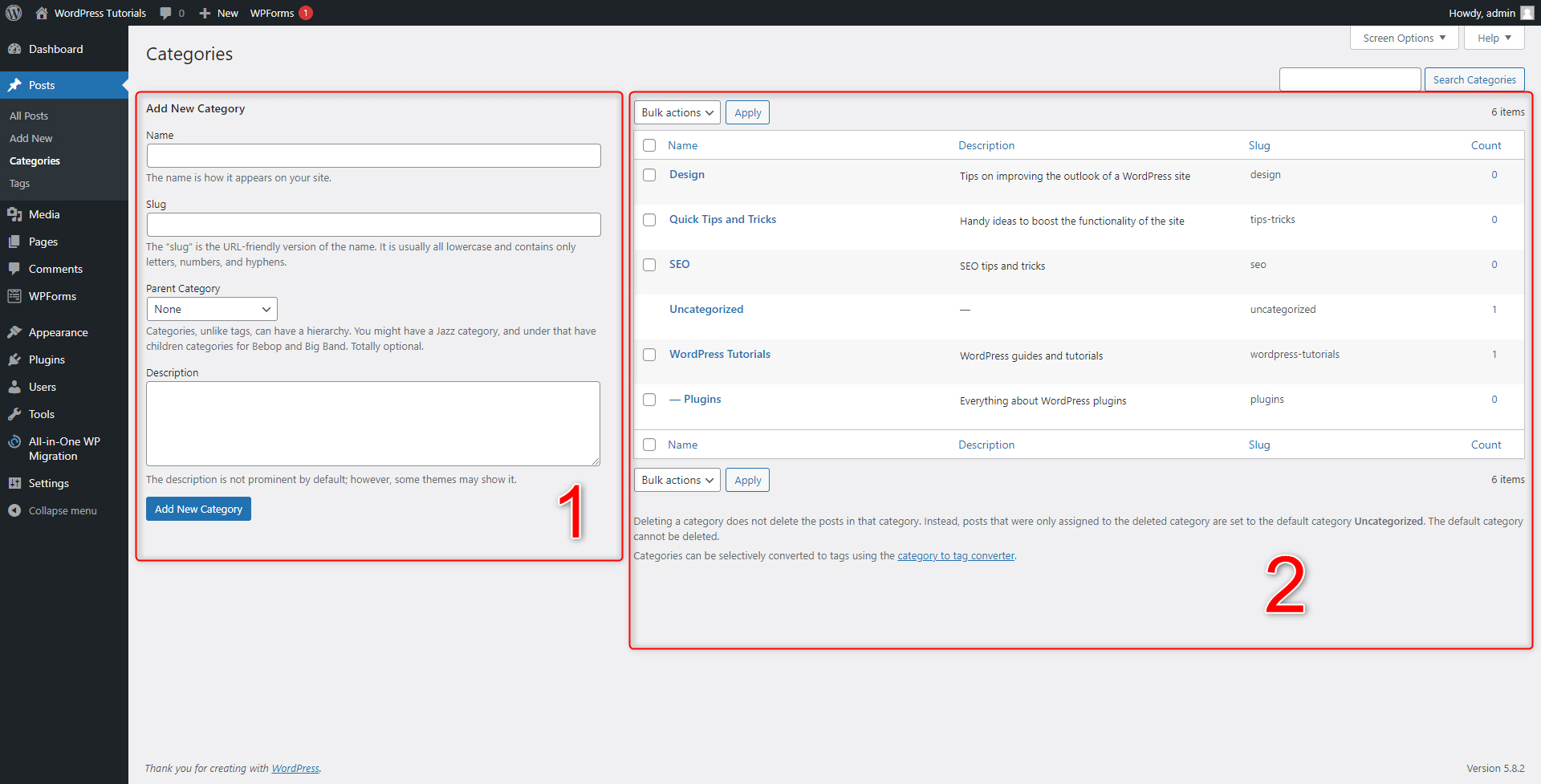 WordPress Categories Tab Components