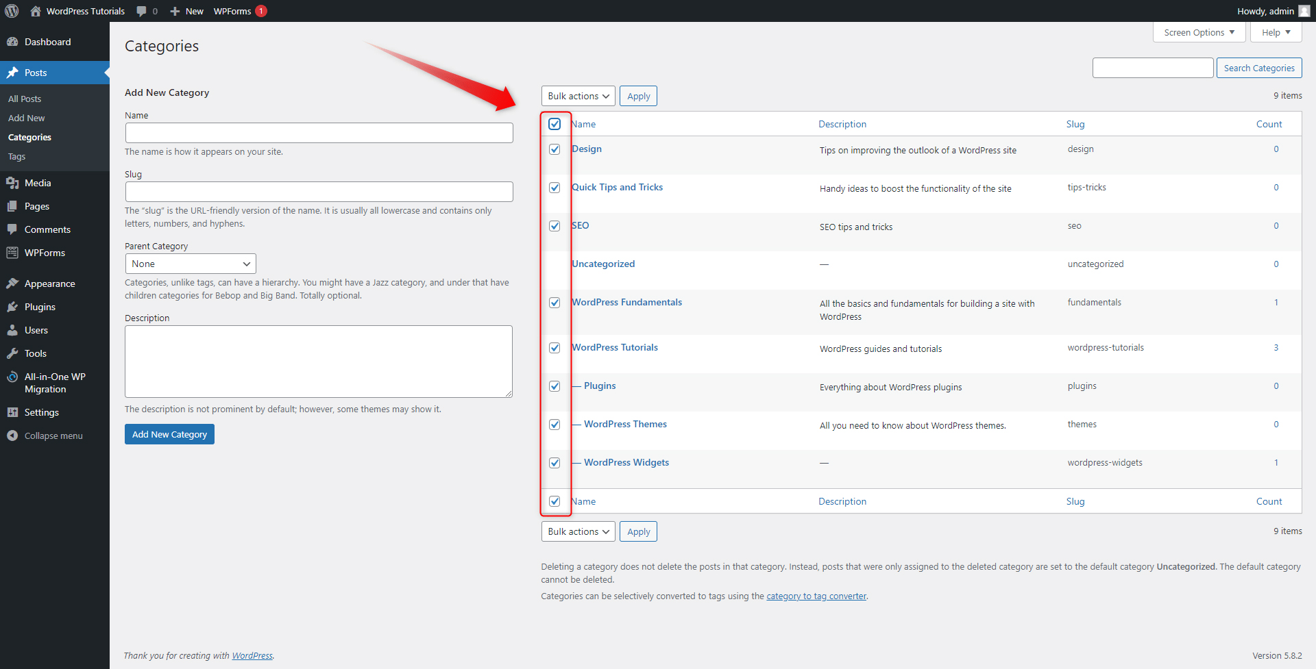 WordPress Categories Multiple Select