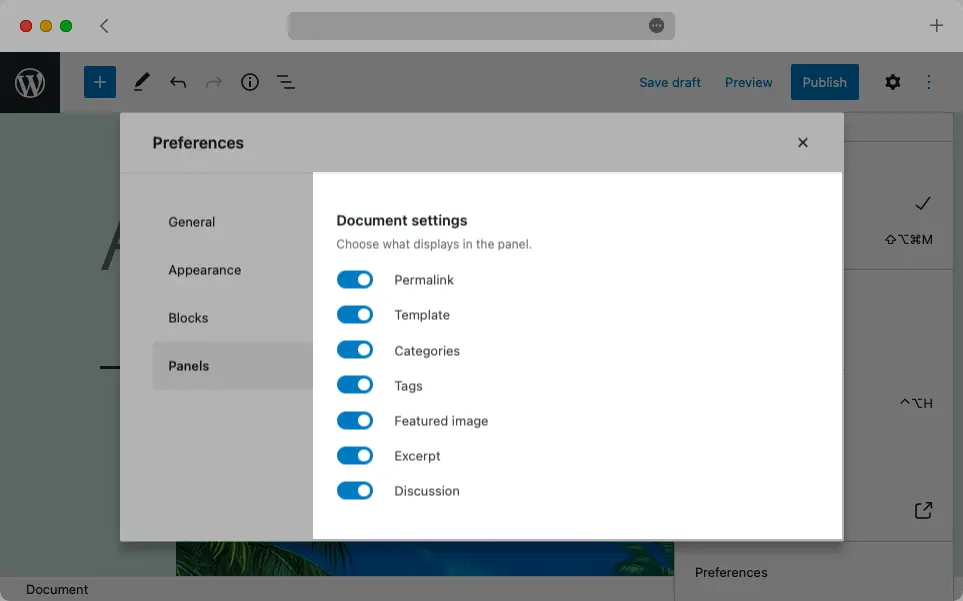 The Panels section in Gutenberg Preferences allows you to show and hide most Sidebar panels.