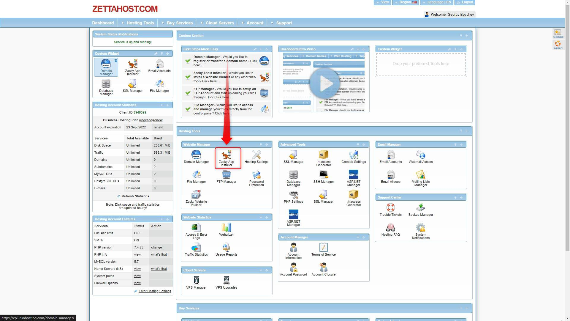 Zacky App Installer in the ZETTAHOST Admin Panel