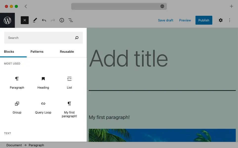 The WordPress Block Library appears on the left side of the screen.
