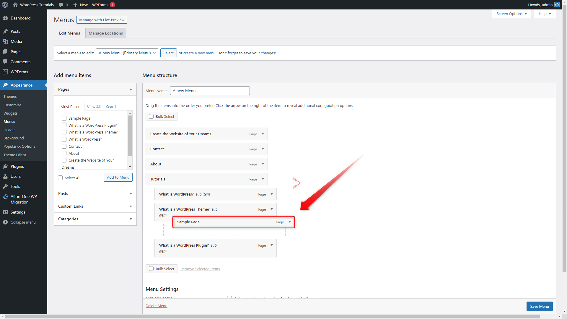 WordPress Change Menu Structure