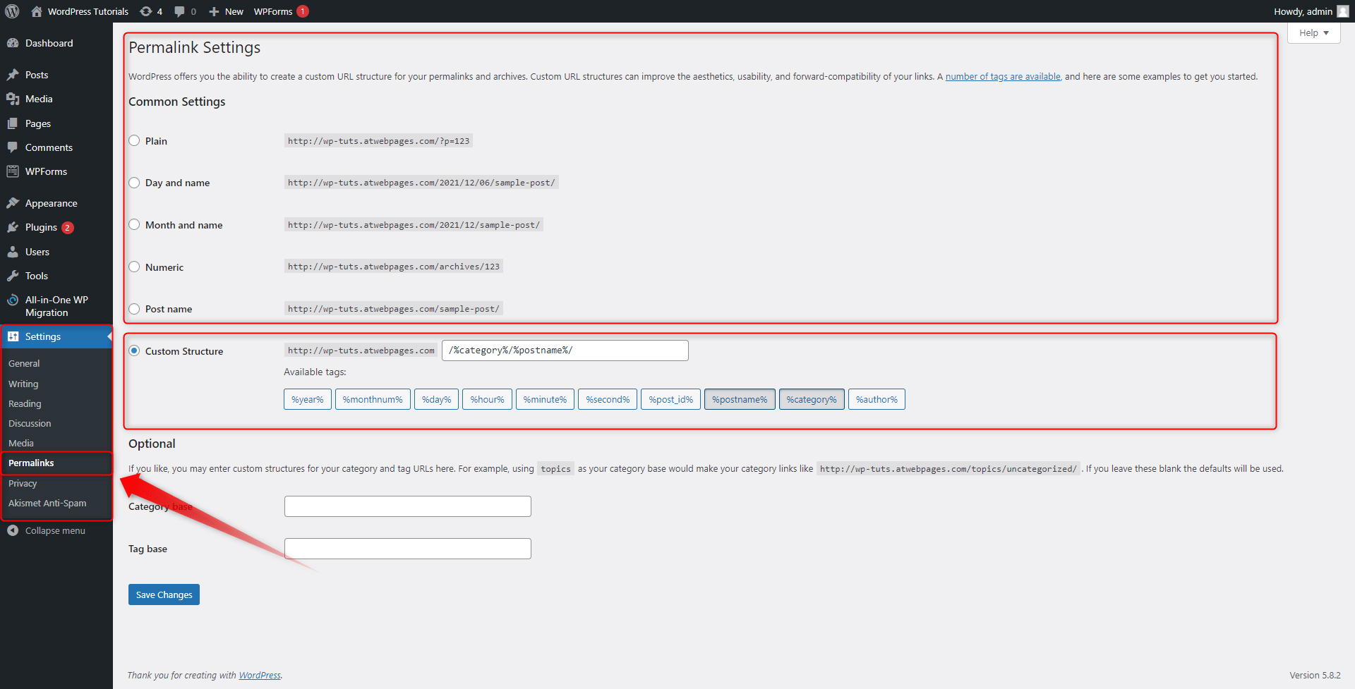 WordPress Permalinks Settings Tab