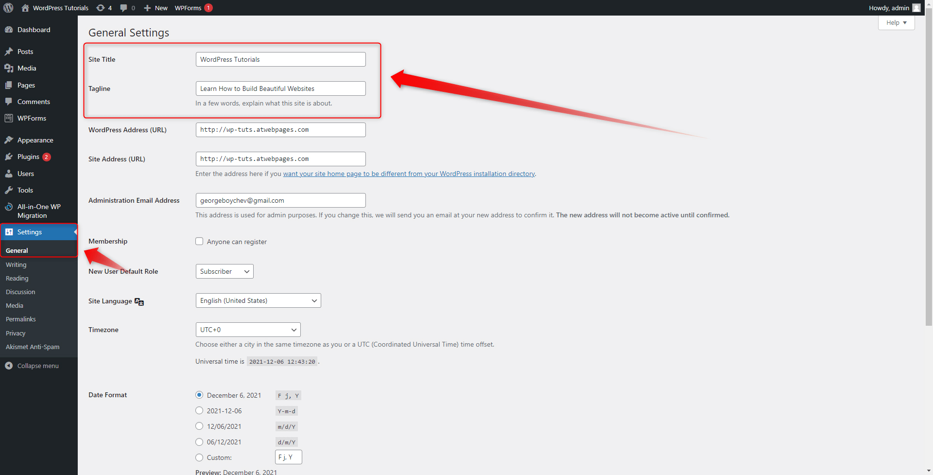 WordPress Title and Tagline Settings