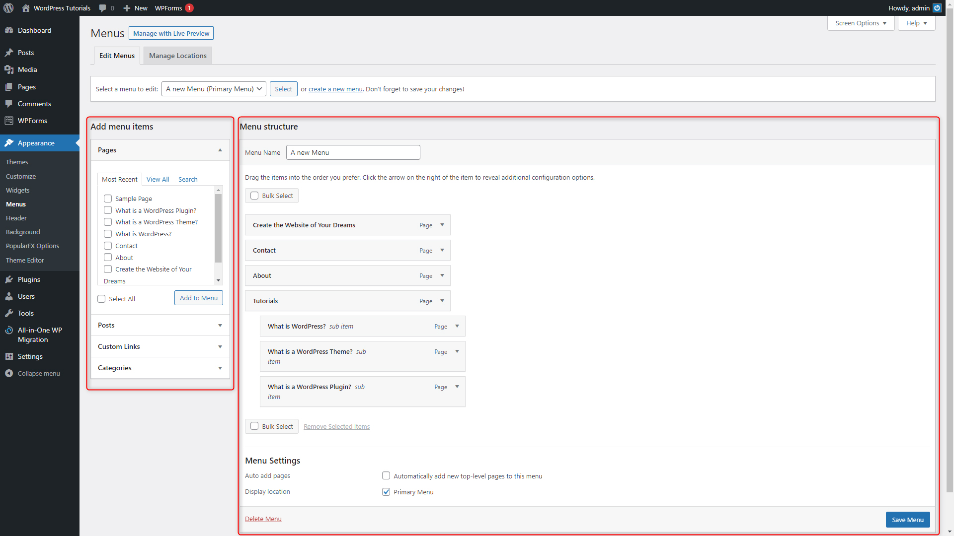 WordPress Menu Management Tab Structure