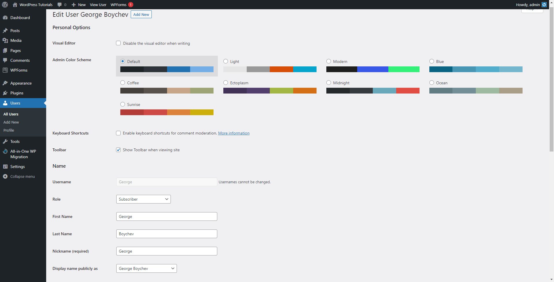 WordPress User Dashboard Menu