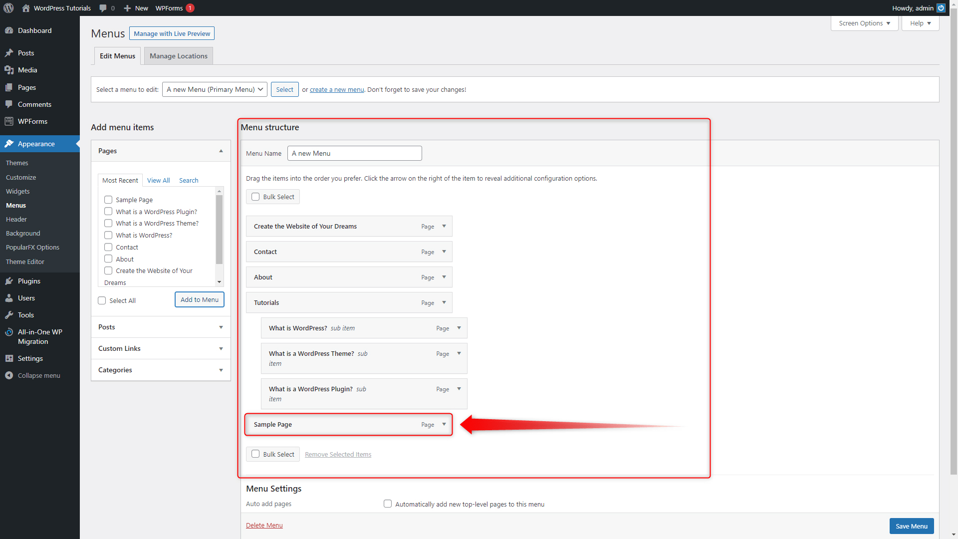 WordPress Menu Structure 