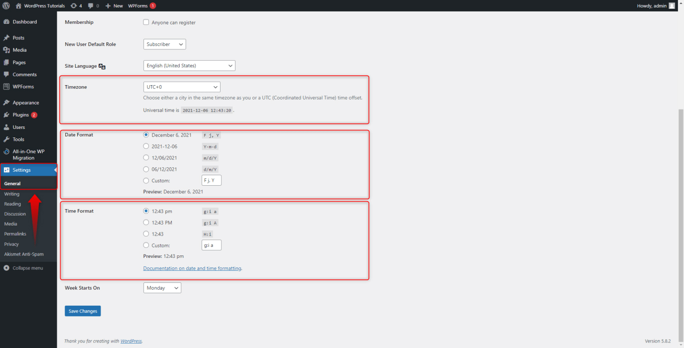 The WordPress Timezone Settings Menu