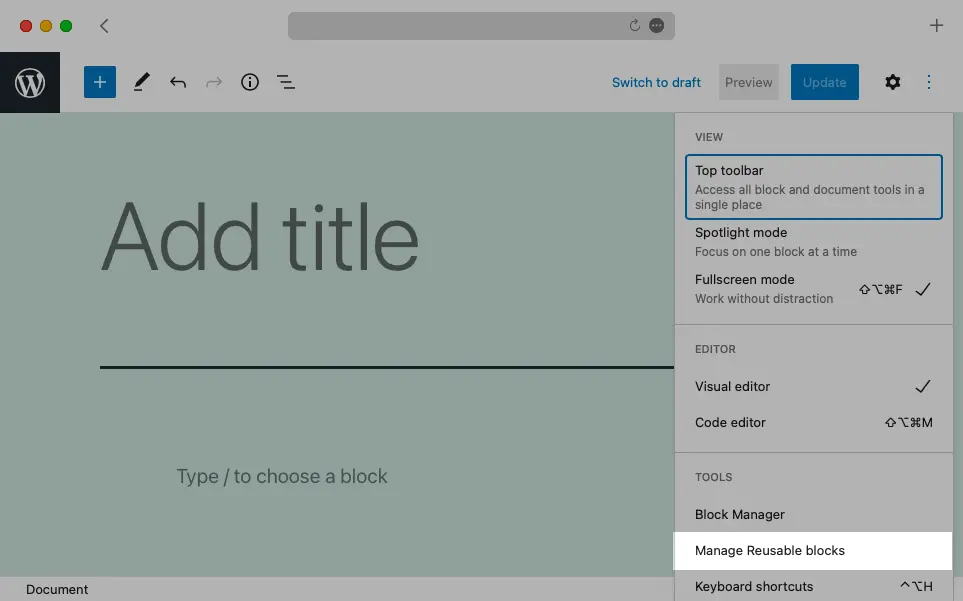 The WordPress Reusable Blocks Manager can be accessed through Gutenberg.