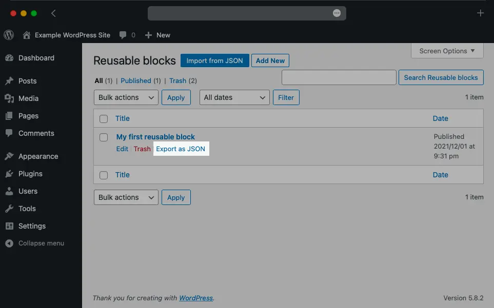 You can export a reusable block with a single click from the Reusable Blocks Manager.