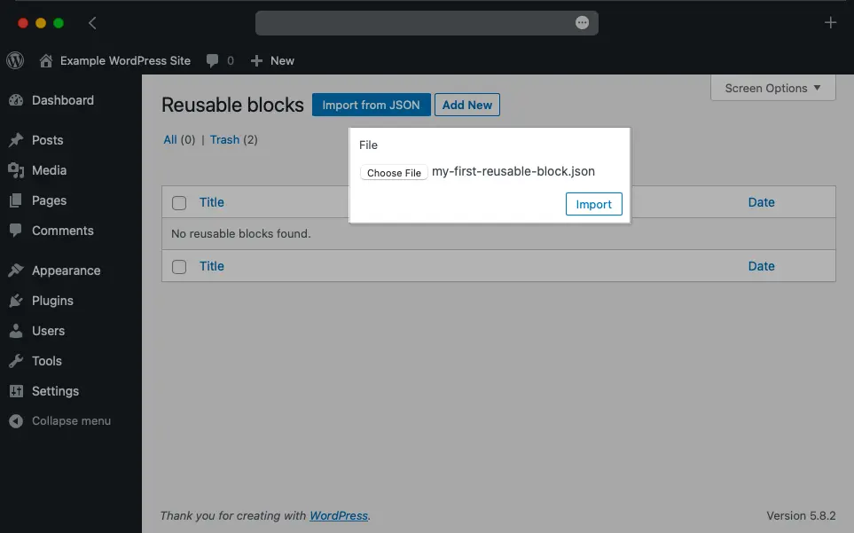 You can import a reusable block with just a few clicks from the Reusable Blocks Manager.