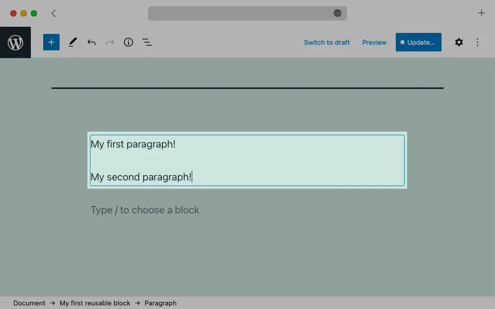 Gutenberg allows you to edit your reusable blocks right alongside your regular ones in a document.