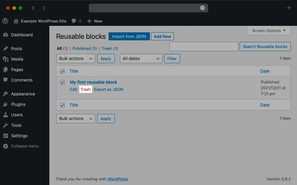 WordPress allows you to delete reusable blocks in the same manner as posts and pages.