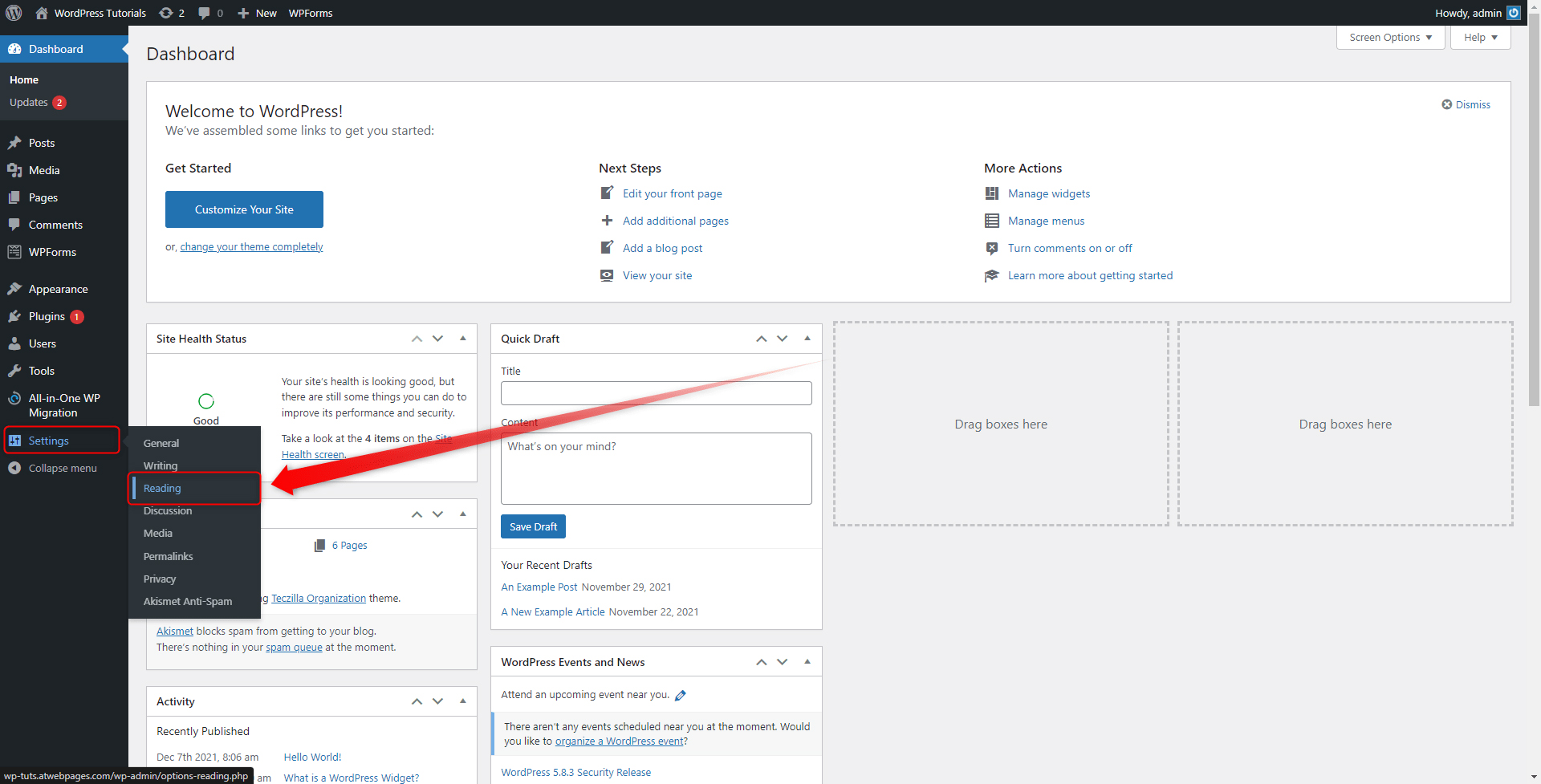 WordPress Reading Settings