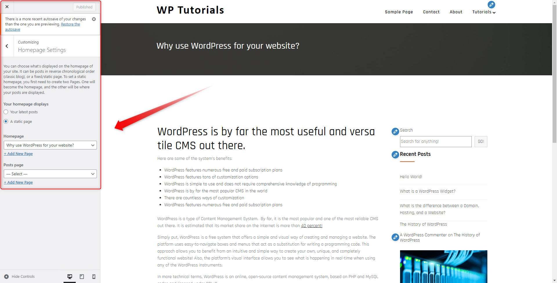 WordPress Homepage Select Settings