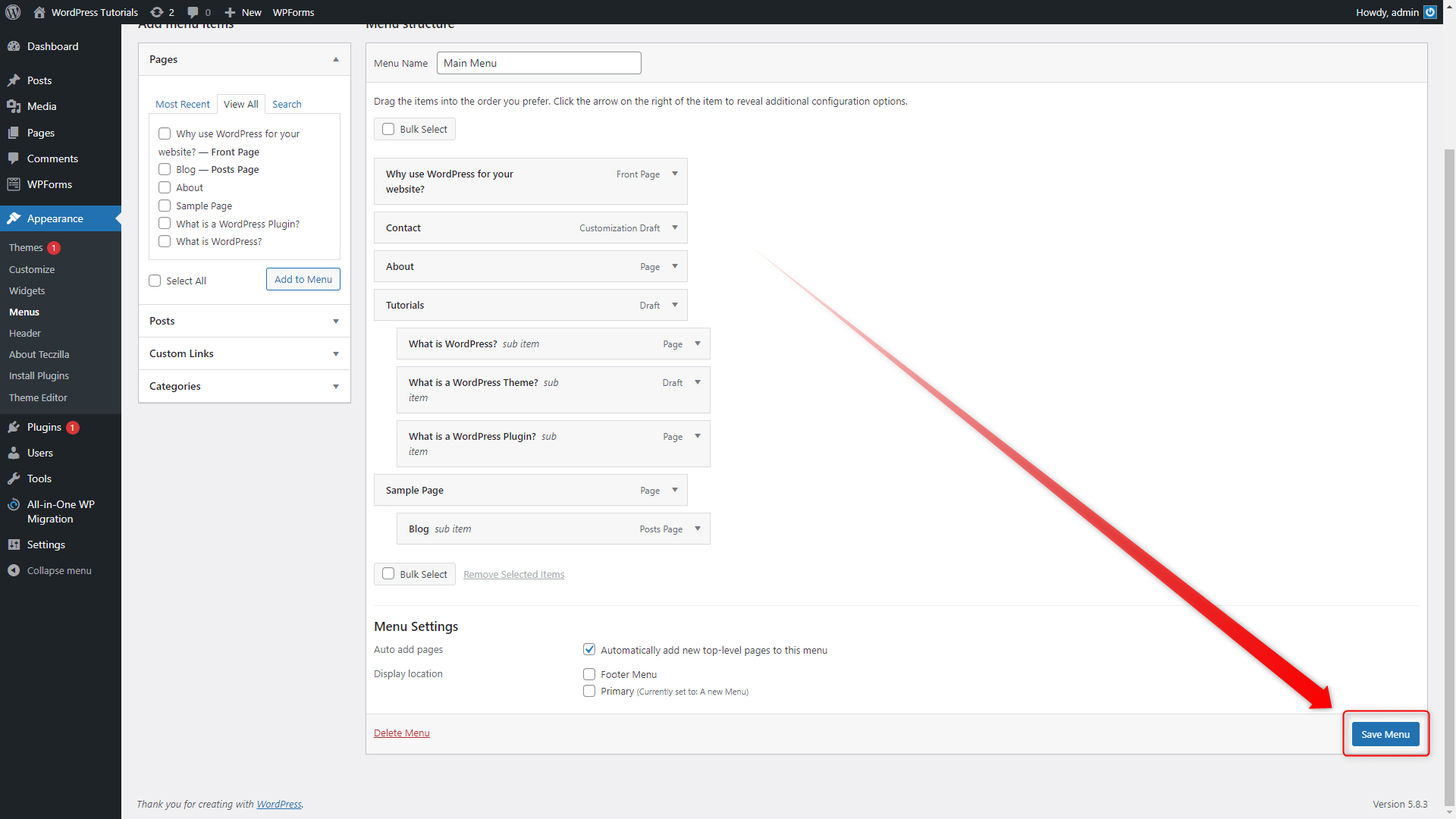 WordPress Save Menu Settings