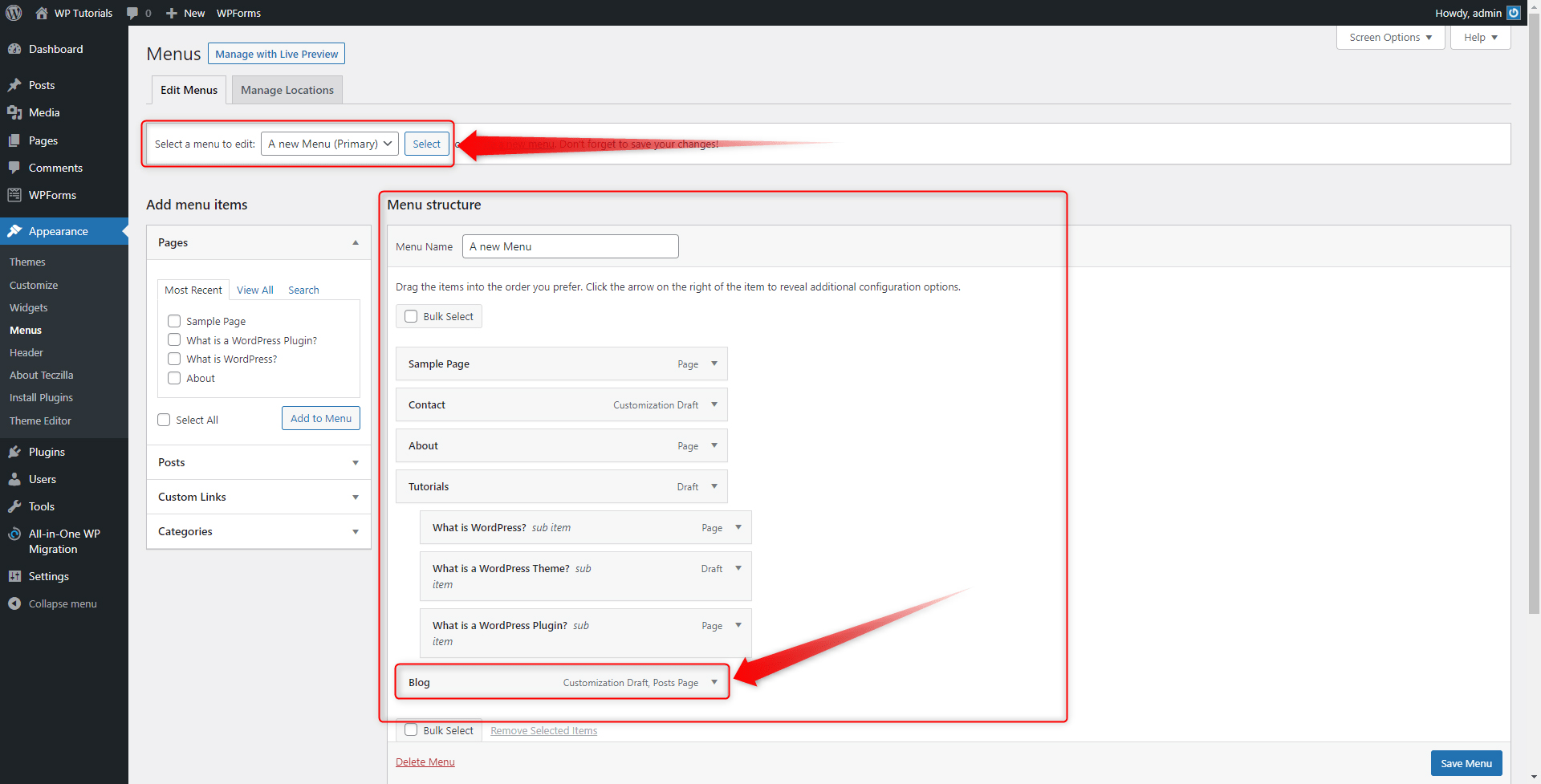 WordPress Menu Structure Options