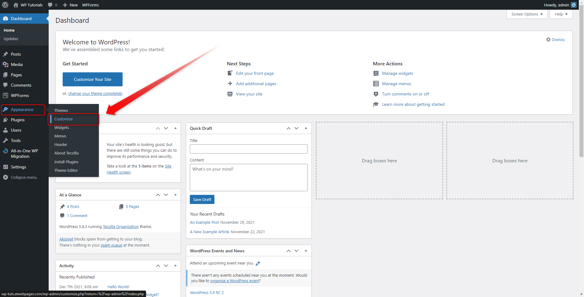 WordPress Dasboard Appearance Settings