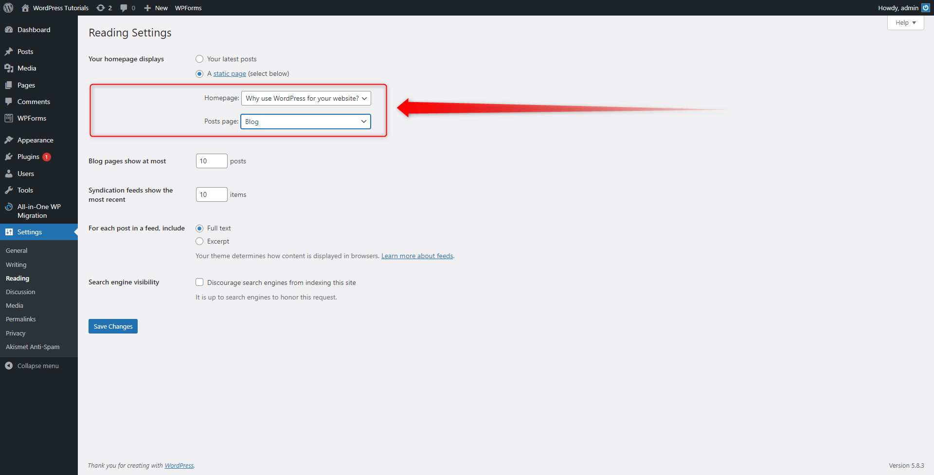 WordPress Reading Settings Options 2