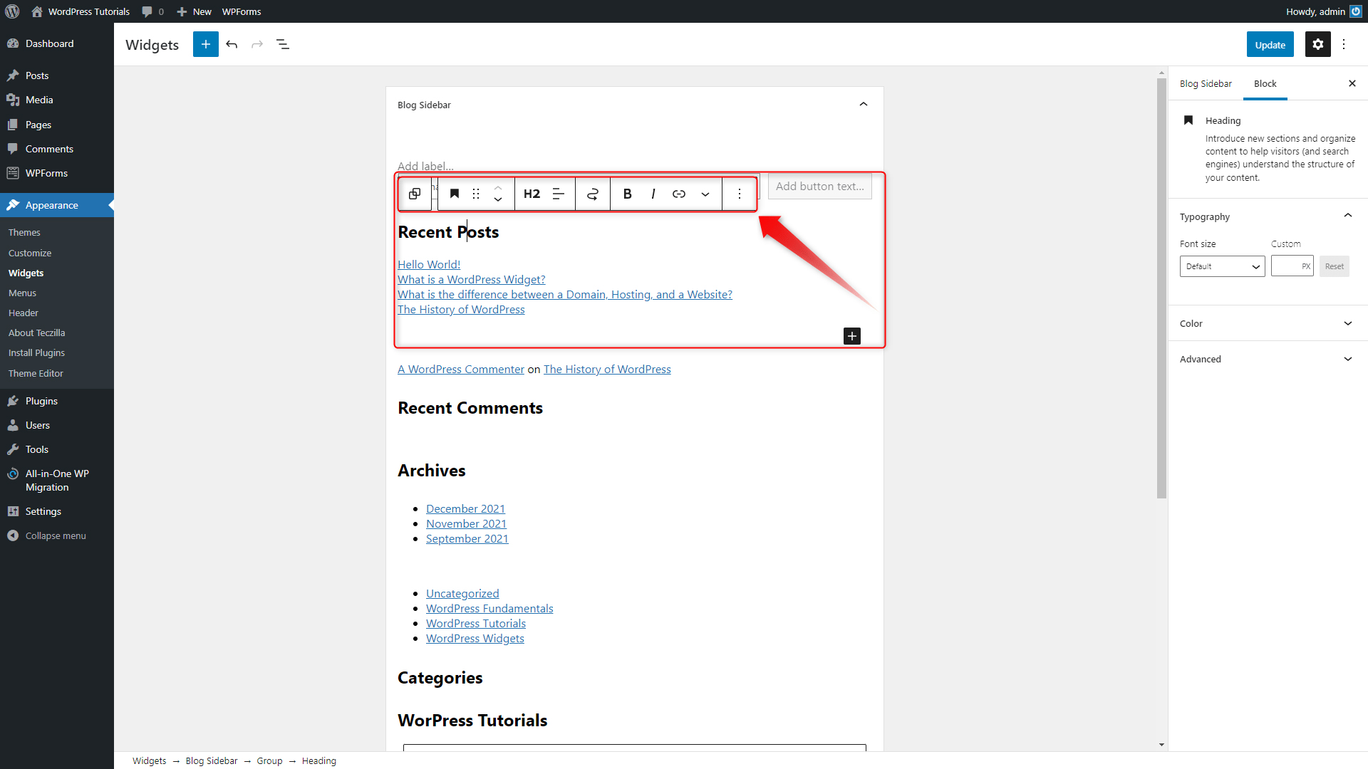 WordPress Widgets Menu Options