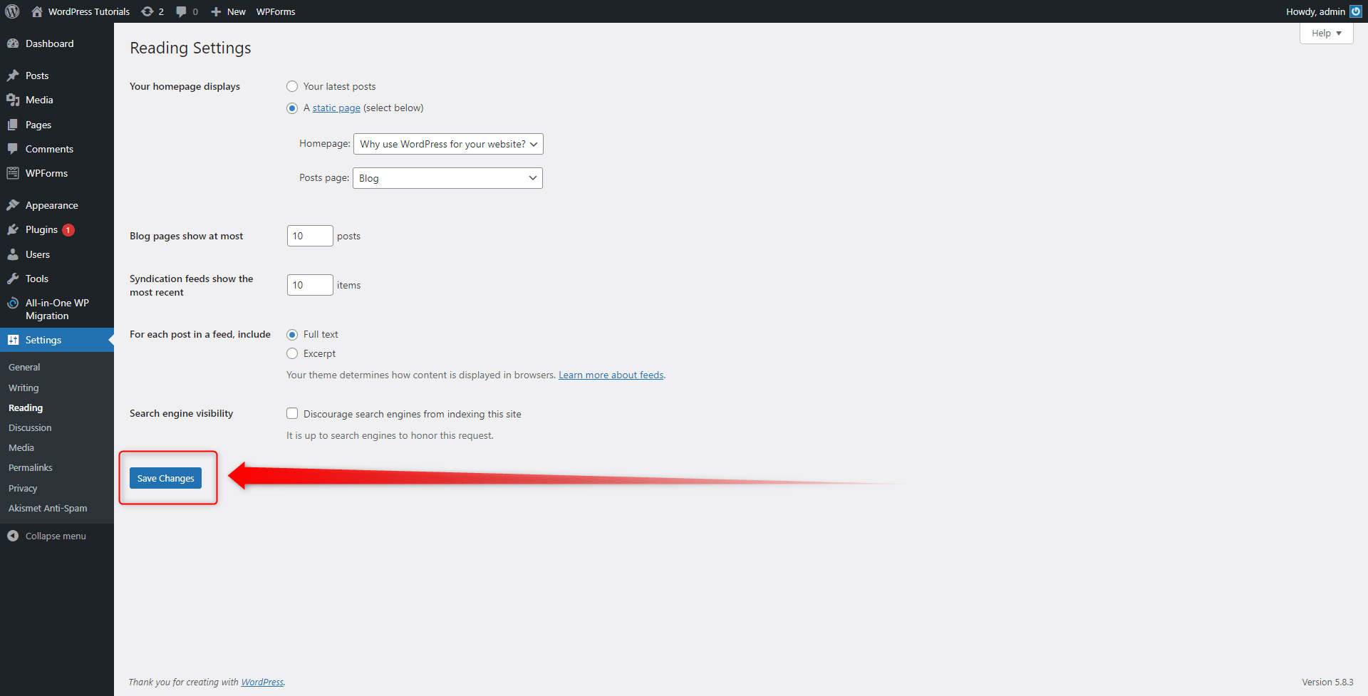 Reading Settings Save Changes