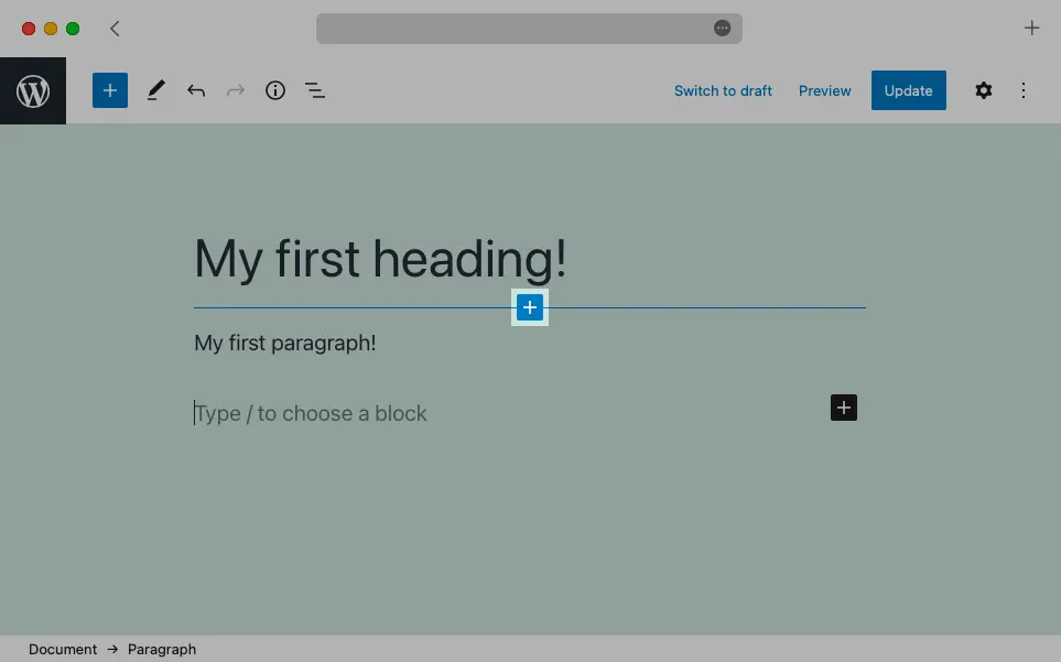 You will find contextual “+” buttons throughout your document that you can use to bring up the Block Library.