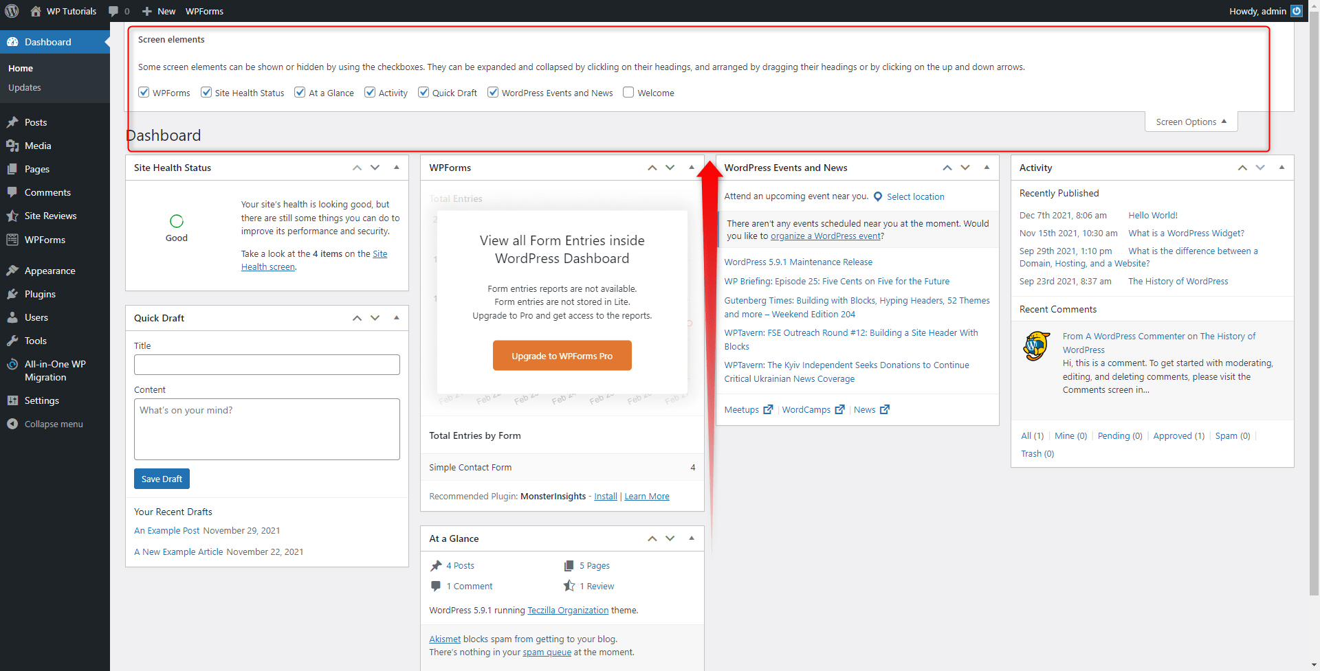 WordPress Admin Panel Screen Options Checkbox Menu