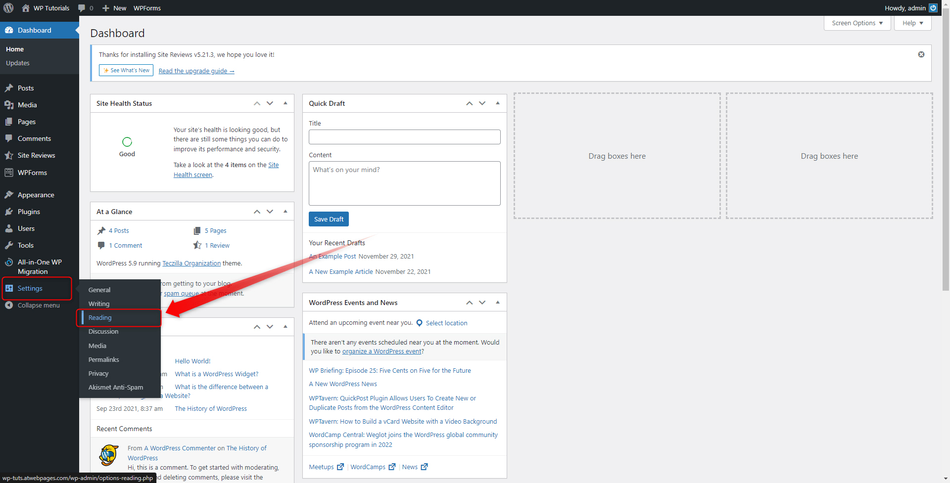 wordpress site reading settings