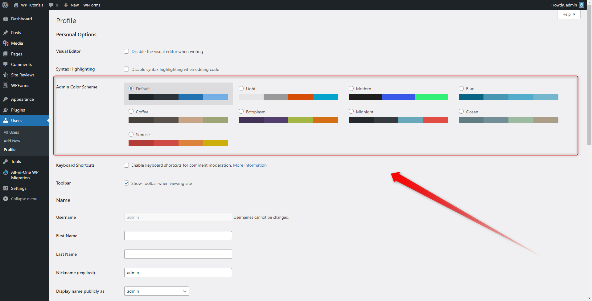 WordPress Admin Panel Color Options