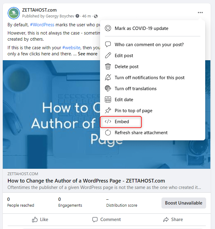 facebook embed post options 