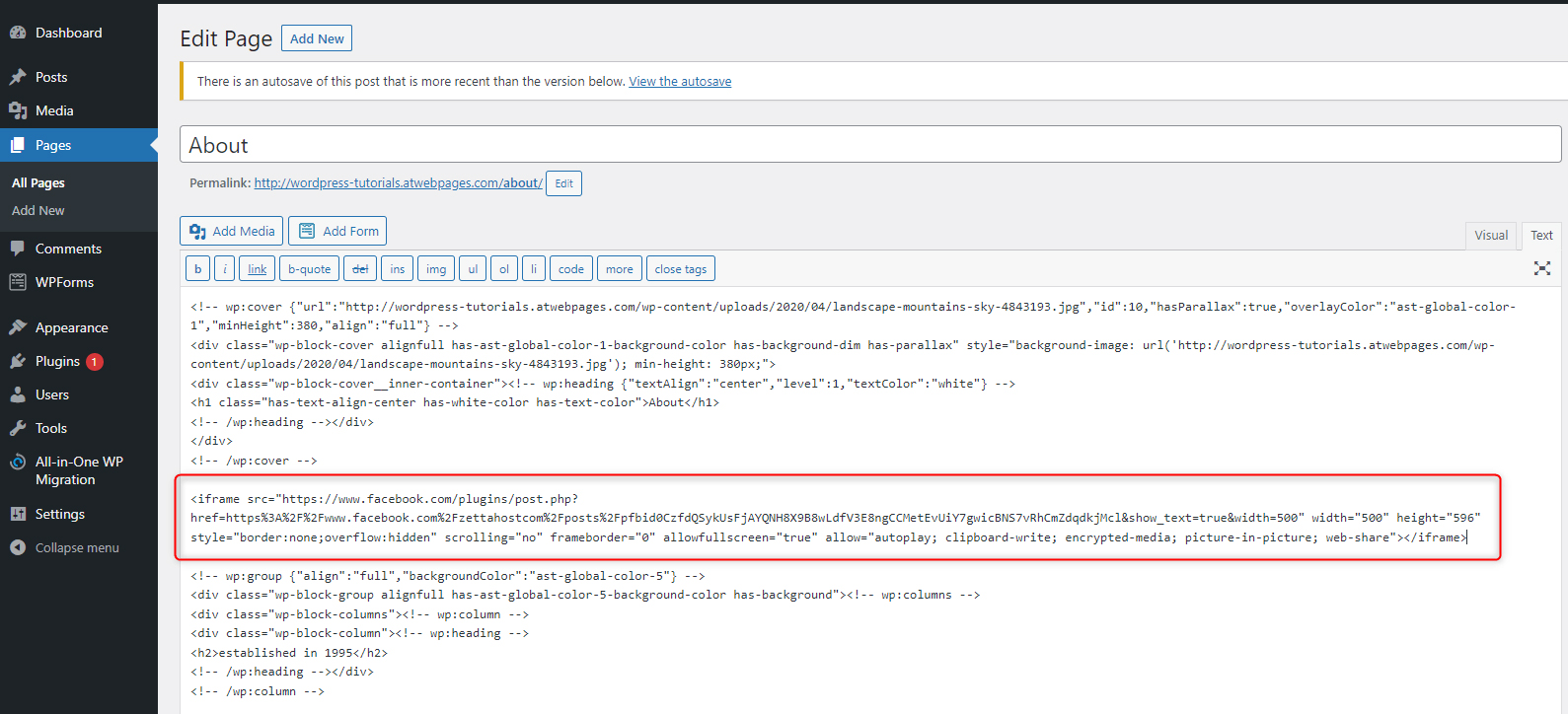 wordpress page embed code snippet