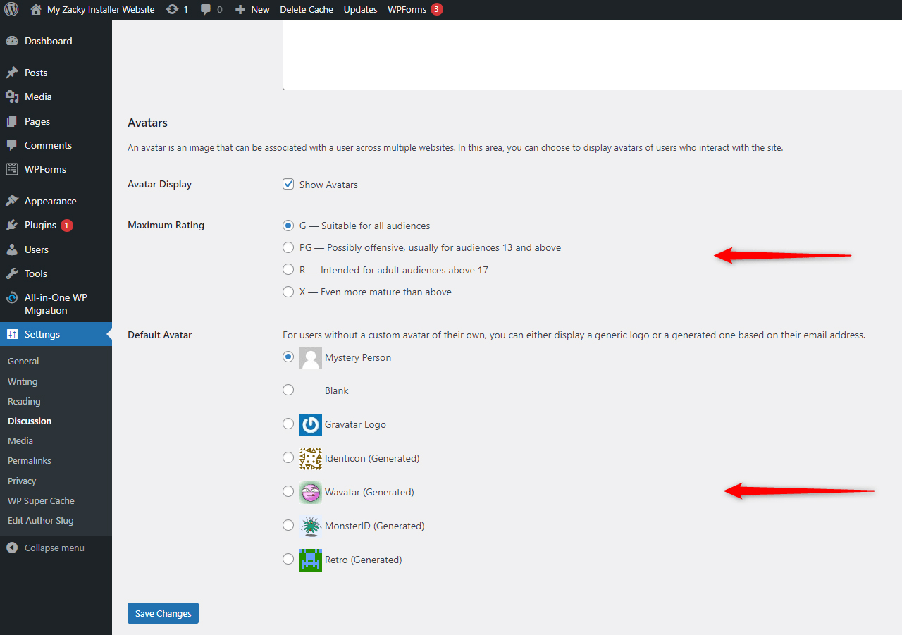 WordPress DIscussion Settings Avatar Changes