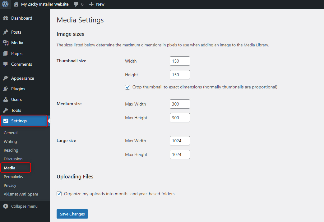 WordPress Media Settings Featured Image Size