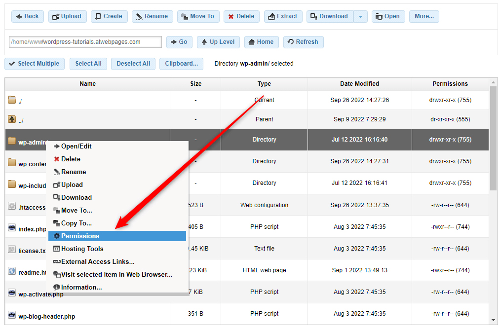 WordPress Root Folder Permissions