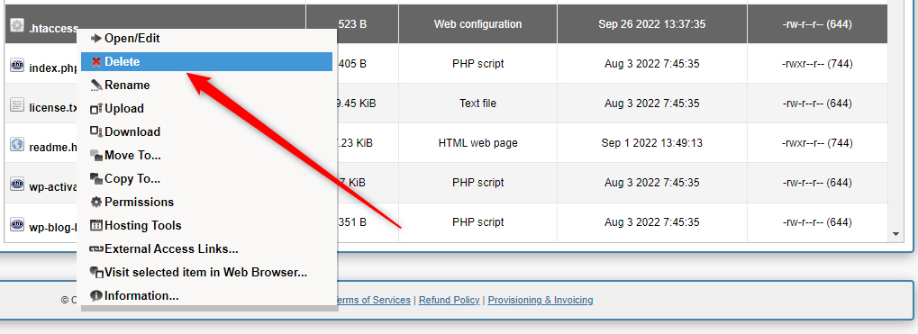 delete .htaccess file in WordPress