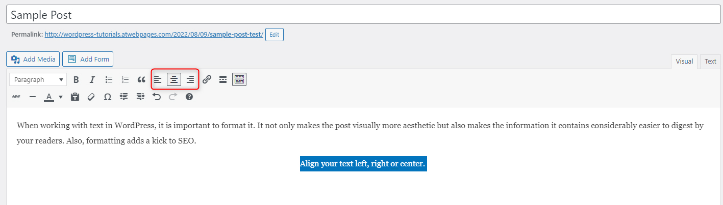 WordPress blog post align text center