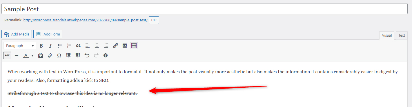 WordPress blog post strikethrough text example
