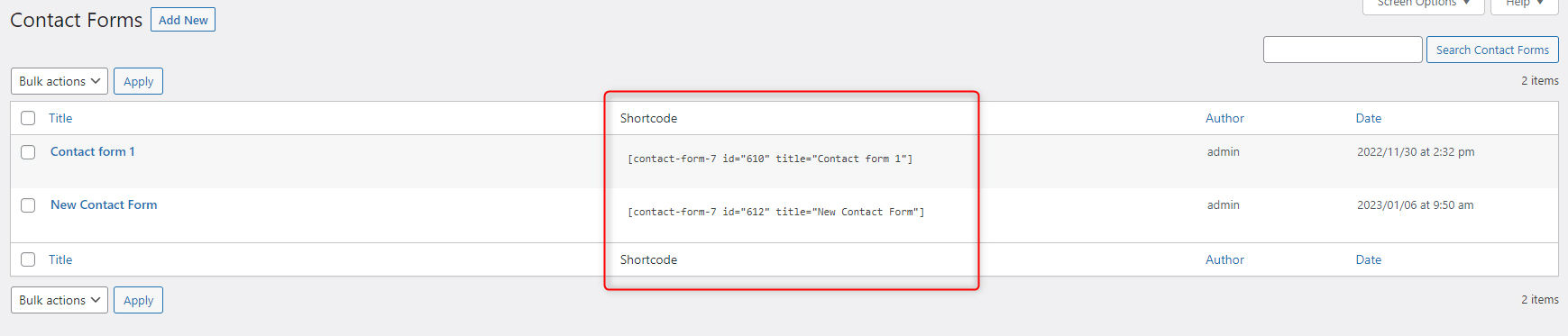 WordPress Contact Form Shortcode