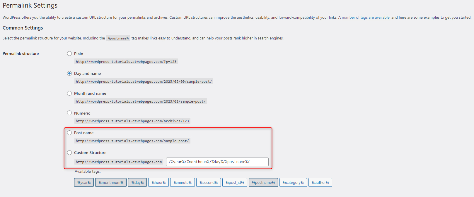 WordPress Permalinks settings