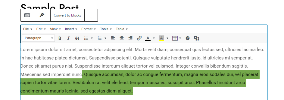 WordPress select text 