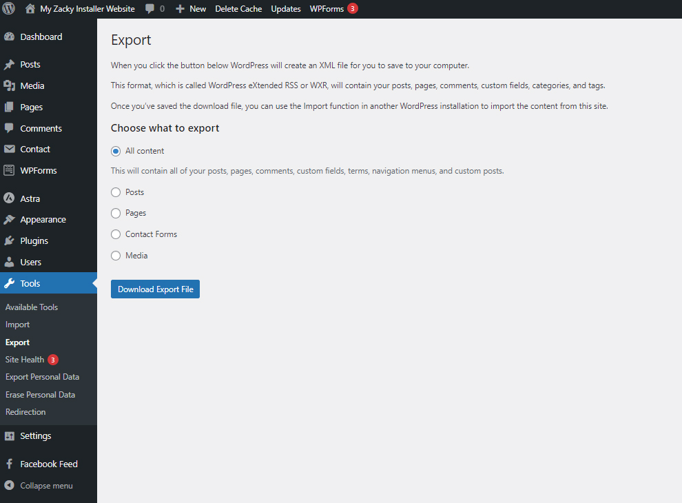 WordPress Media Library download exporter settings