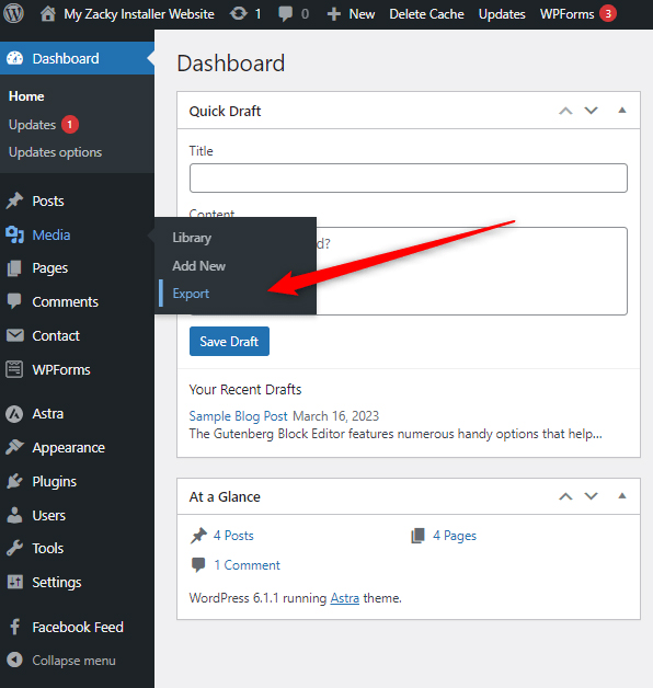 WordPress Dashboard Export Media Library Menu