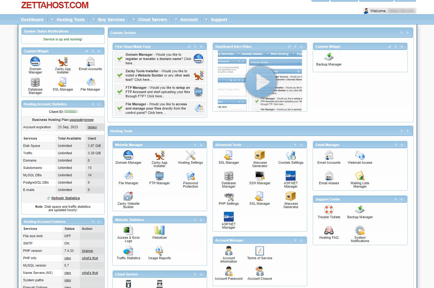 ZETTAHOST Hosting panel interface