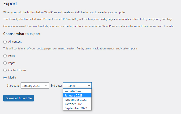 WordPress download media library adjust exporter settings