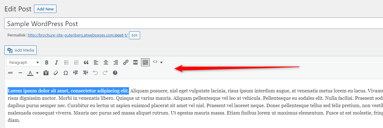 WordPress Classic Editor text formatting menu