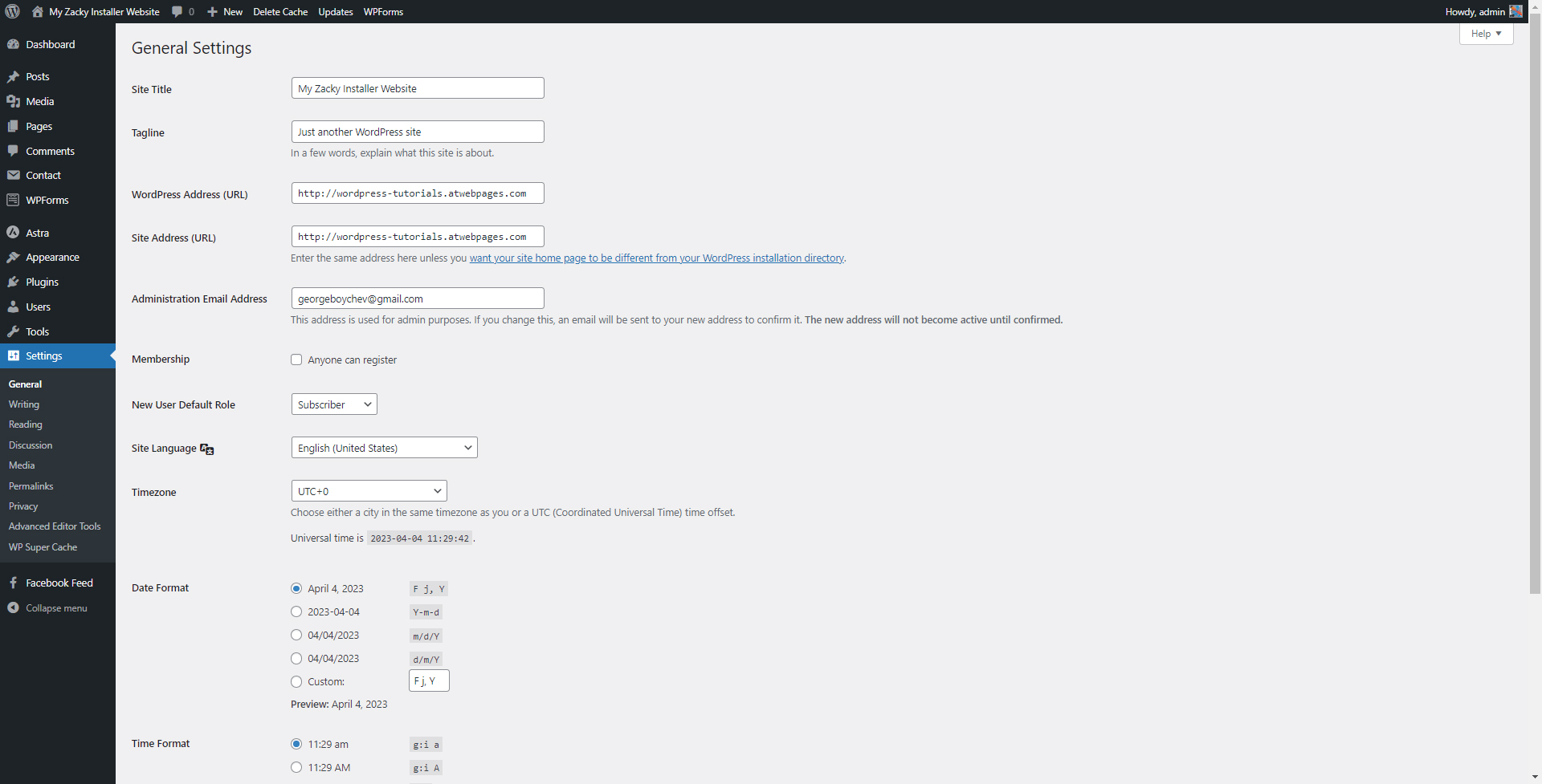 WordPress Admin Panel General Settings Page