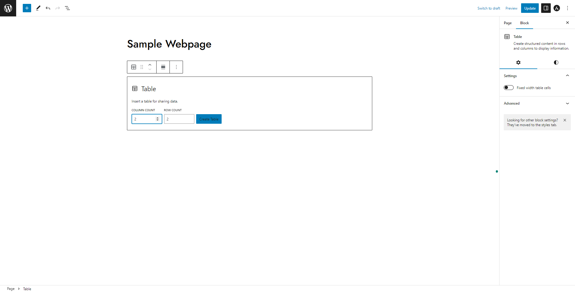 WordPress Gutenberg Block Editor Table Block Settings