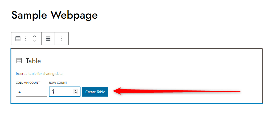 WordPress Gutenberg Block Editor Create Table Button