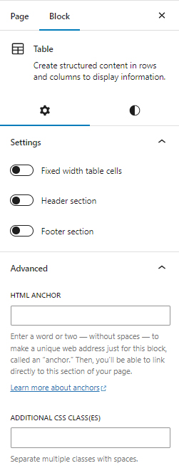 WordPress Gutenberg Block Editor Table Settings